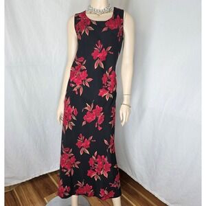 Vtg Studio I Maxi‎ Dress Womens 14 Black Red Floral Sleeveless Tropical Orchids